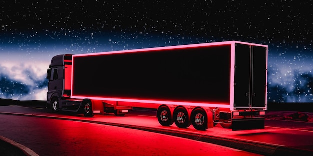 Nowoczesna duża ciężarówka jadąca drogą pod rozgwieżdżonym niebem