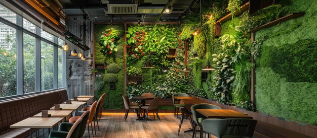 Nowoczesna eko-kawiarnia z żywą zieloną ścianą i pionowym ogrodem Nowoczesne wnętrze pokryte zieloną rośliną