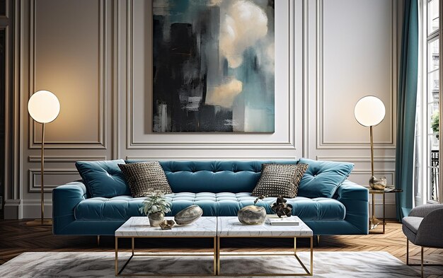 Nowoczesna elegancja Współczesny salon z niebieską kanapą
