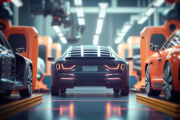 Nowoczesna fabryka samochodów przenośnik Przemysł samochodowy AI w połowie podróży generowane ilustracji