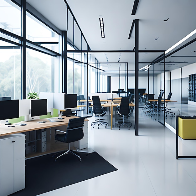 Nowoczesna futurystyczna przestrzeń biurowa z eleganckimi szklanymi przegrodami i ergonomicznymi stacjami roboczymi generującymi sztuczną inteligencję
