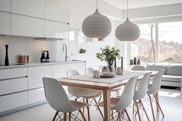 Nowoczesna i minimalistyczna kuchnia z jadalnią wyposażona w białe meble utensi w stylu skandynawskim