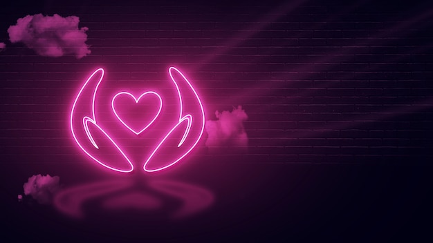 nowoczesna ikona serca wewnątrz ręki z różowym efektem neonu i pustą przestrzenią do kopiowania lub wiadomości na ciemnej ścianie.