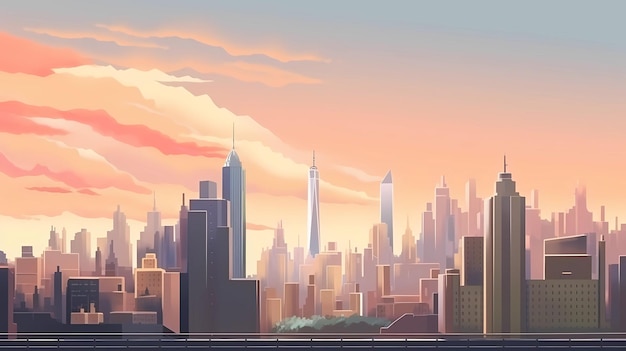 Nowoczesna ilustracja krajobrazu miasta zachód słońca czas generatywny ai