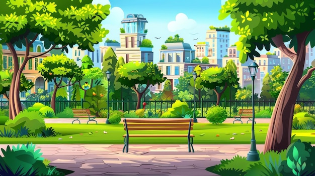 Nowoczesna ilustracja kreskówkowa letniego krajobrazu miejskiego z zielonymi roślinami i drzewami w parku publicznym i nowoczesnymi budynkami ze zielonymi dachami
