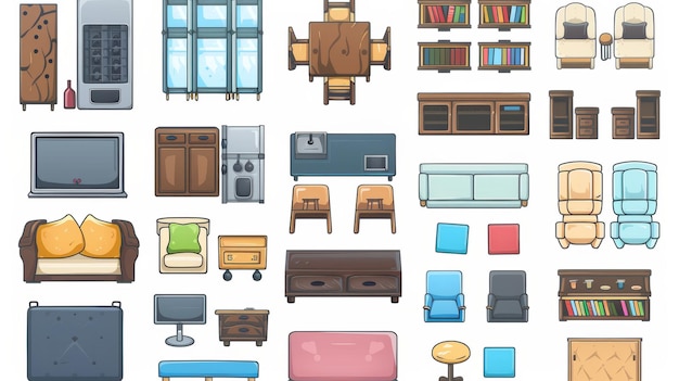 Zdjęcie nowoczesna ilustracja kreskówkowa mebli widok z góry w kuchni, jadalni i salonie w domu lub hotelu stół, kuchenka, licznik, telewizor, krzesła, półki do książek i ławki z poduszkami