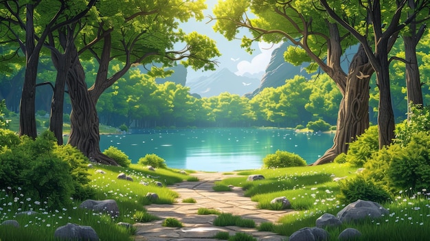 Nowoczesna ilustracja letniego krajobrazu leśnego z drzewami jeziorowymi i ścieżką Nowoczesna ilustracja letniego krajobrazowego lasu z jeziorem zieloną trawą krzewy kamienie i światło słoneczne