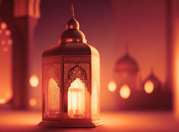 Nowoczesna islamska dekoracja Ramadan Kareem arabska nowoczesna latarnia nocna z rozmytym meczetem