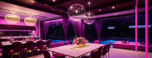 Nowoczesna jadalnia z eleganckim stołem i żywymi fioletowymi krzesłami