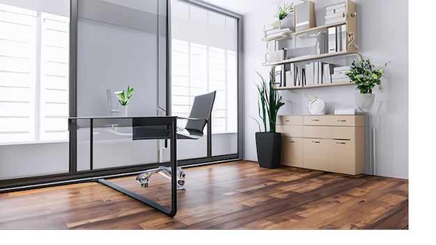 Nowoczesna jasna przestrzeń biurowa ze szklanym biurkiem i ergonomicznym krzesłem biurowym dla menadżera firmy
