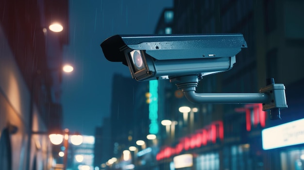 Nowoczesna kamera bezpieczeństwa na budynku w mieście w nocy z światłem i transportu z niewyraźnym
