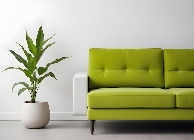 Zdjęcie nowoczesna kanapa w minimalistycznym salonie z wazonem z zielonymi roślinami i ścianą w tylnej części