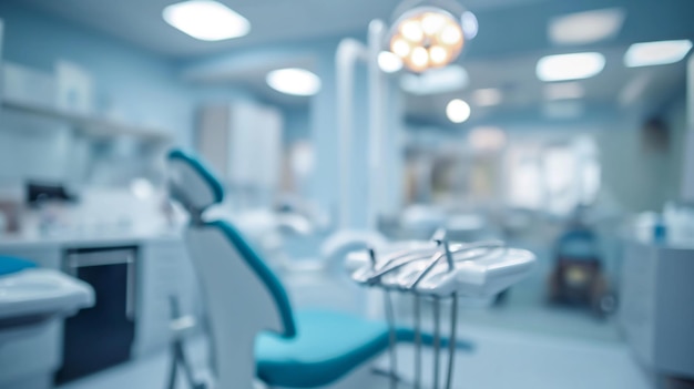 Nowoczesna klinika stomatologiczna z pustym krzesłem w centrum uwagi instrumenty stomatologiczne obok w jasnym, czystym i sterylnym środowisku gotowe dla pacjentów rozmyte
