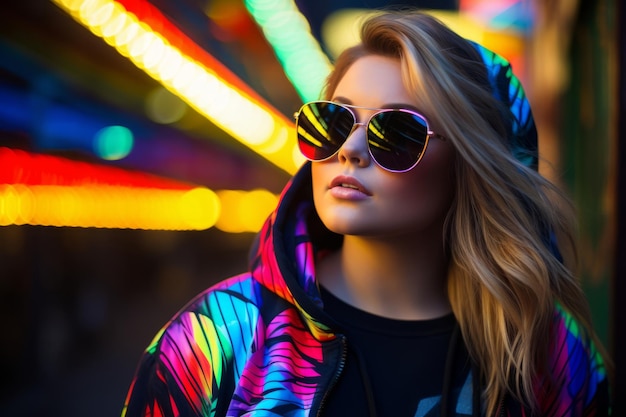 Nowoczesna kobieta plus size na tle tętniących życiem neonowych ulic