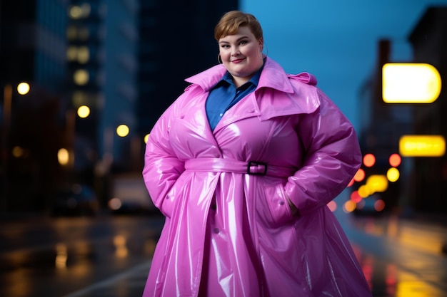 Zdjęcie nowoczesna kobieta plus size na tle tętniących życiem neonowych ulic