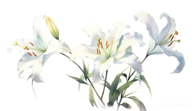 Nowoczesna kolekcja lilii na ostrym białym tle w akwareli Generative AI