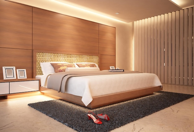 Nowoczesna koncepcja i koncepcja aranżacji wnętrza sypialni w stylu minimalistycznym