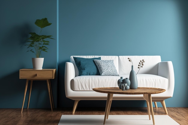 Nowoczesna koncepcja salonu z połowy wieku i minimalistyczna estetyka z białą sofą i drewnianym stołem na niebieskiej ścianie i drewnianej podłodze