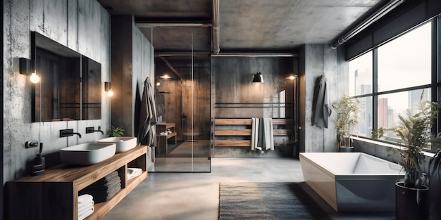 Nowoczesna łazienka w betonowym mieszkaniu z drewnianymi ścianami