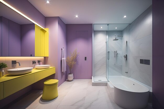 nowoczesna łazienka w fioletowych i żółtych kolorach z kąpielą generatywną ai