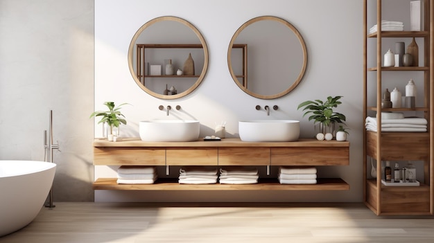 Nowoczesna łazienka wyposażona jest w eleganckie drewniane akcenty i podwójną umywalkę
