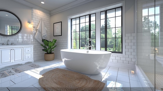 Nowoczesna łazienka z białą wolnostojącą kąpielą, płytkami na ścianach i oknem z widokiem na drzewa