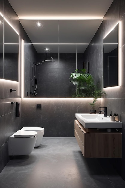 Zdjęcie nowoczesna łazienka z lustrem i oświetleniem stworzona przy użyciu generatywnej technologii sztucznej inteligencji
