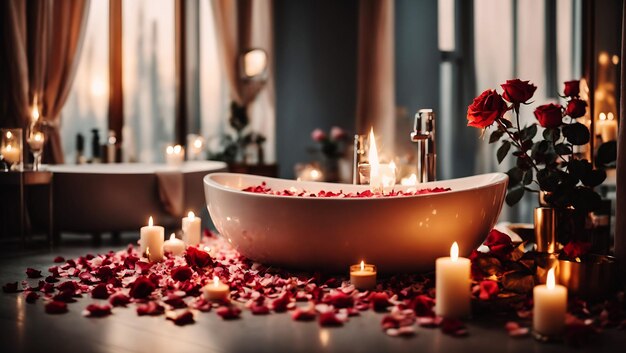 Nowoczesna łazienka z płatkami róż i świecami Romantyczna atmosfera Płonące pachnące świece i róża