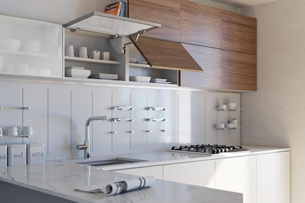 Nowoczesna luksusowa aranżacja wnętrza kuchni w minimalistycznym stylu