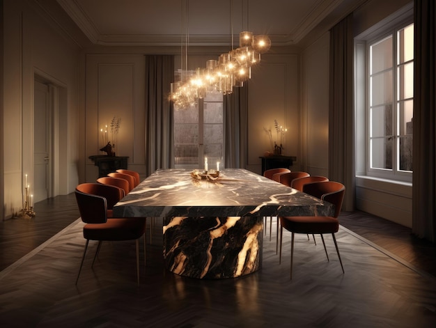 Nowoczesna luksusowa jadalnia z marmurowym stołem Generative AI