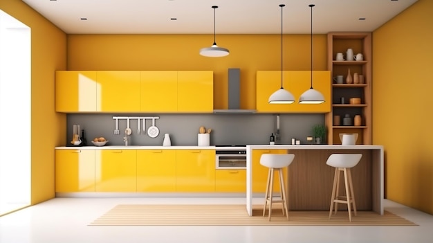 Nowoczesna makieta projektowania wnętrz i dekoracji kuchni z żółtą i białą ścianą i podłogą Generative Ai