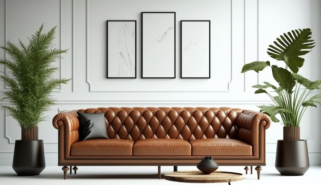 Nowoczesna makieta ściany salonu ze skórzaną sofą na białym tle Generative AI