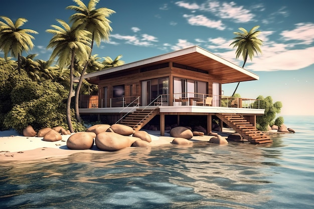 nowoczesna minimalistyczna drewniana willa na pięknej wyspie pośrodku morza w słoneczny dzień