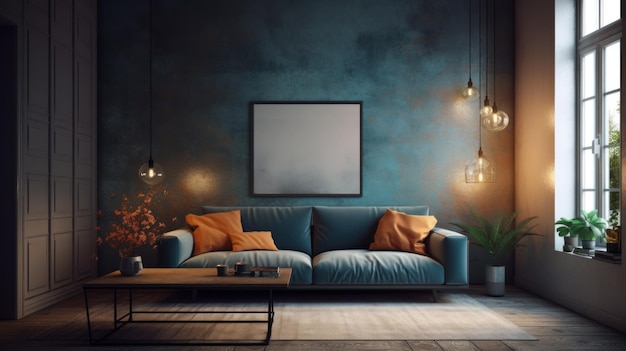 Nowoczesna, minimalistyczna, kolorowa, niebieska ściana salonu, niebieska sofa z poduszkami z terakoty, drewniana zakładka do kawy