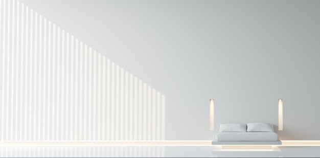 Nowoczesna minimalistyczna sypialnia / Nowoczesna biała sypialnia w minimalistycznym stylu, podstawowa Prosta, jasna i czysta ze słońcem wpadającym do pokoju. Wygląda jak na zdjęciach w filmach SciFi