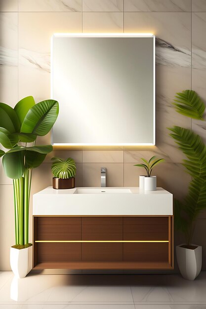 Nowoczesna, minimalistyczna toaletka łazienkowa z białego marmuru i kosmiczna, tropikalna palma bambusowa w słońcu