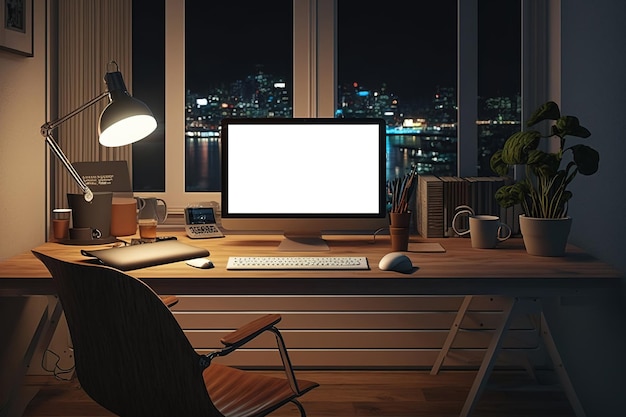 Zdjęcie nowoczesna minimalna przestrzeń do pracy w domu w nocy z makietą komputera stacjonarnego pc i akcesoriami na drewnianym stole przy oknie vintage brązowe krzesło biurowe z pianki i ilustracja do wystroju domu