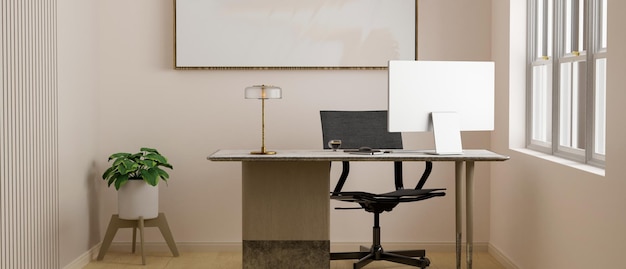 Nowoczesna minimalna przestrzeń robocza w prywatnym pokoju biurowym z komputerem PC i akcesoriami na stole