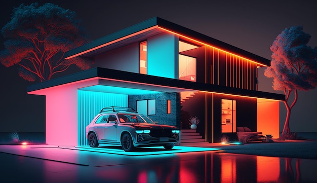 Nowoczesna neonowa ilustracja futurystyczny projekt zewnętrzny domu zdjęcia AI Wygenerowany obraz