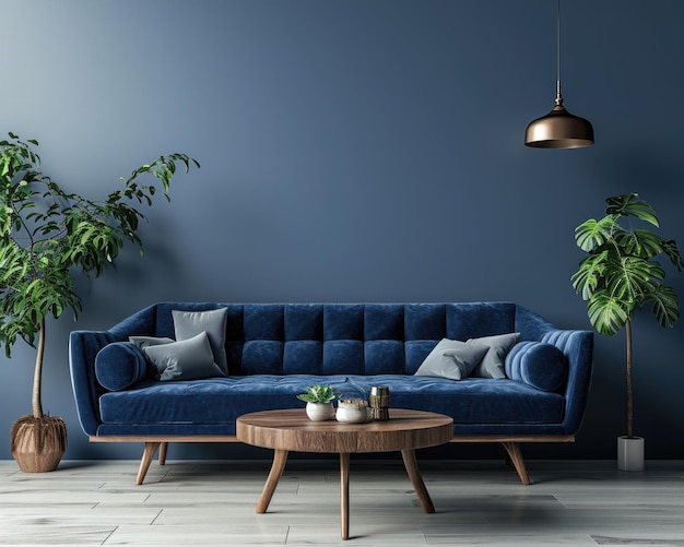 Nowoczesna niebieska kanapa w współczesnym salonie projektowaniu wnętrz z przestrzenią do kopiowania