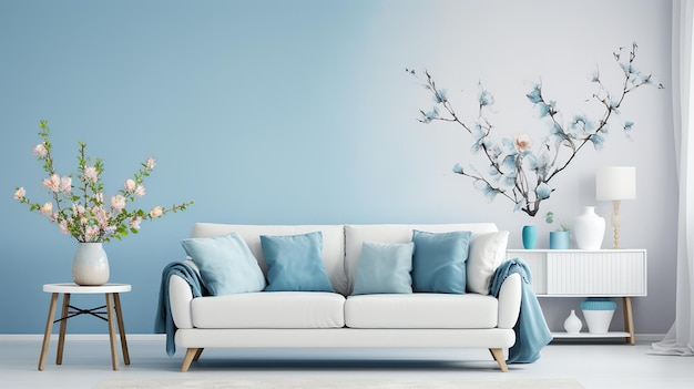 Nowoczesna niebieska stylizacja sofy do salonu