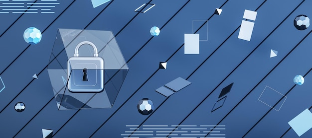 Nowoczesna ochrona sieci szerokie niebieskie tło z kłódką i innymi ikonami Bezpieczne bezpieczeństwo i koncepcja przeglądarki internetowej 3D Renderin