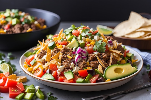 Nowoczesna odsłona klasycznego dania – sałatka taco z warstwami chrupiącej tortilli i świeżymi warzywami