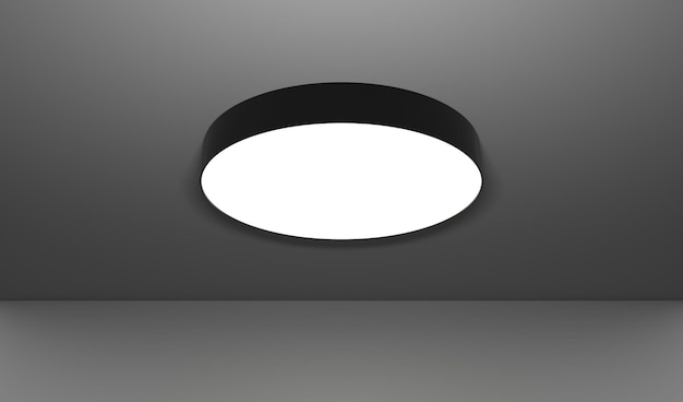 Zdjęcie nowoczesna okrągła lampa sufitowa napowietrzne światło elektryczne renderowania 3d realistyczne wnętrze pokoju z czarnym metalowym żyrandolem cylindrycznym w oprawie nocnej do domu lub biura na ciemnym tle