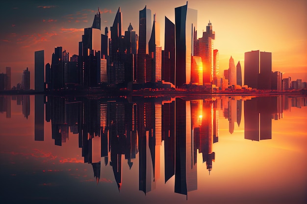 Nowoczesna panorama miasta o zachodzie słońca z odbiciem Generative Ai