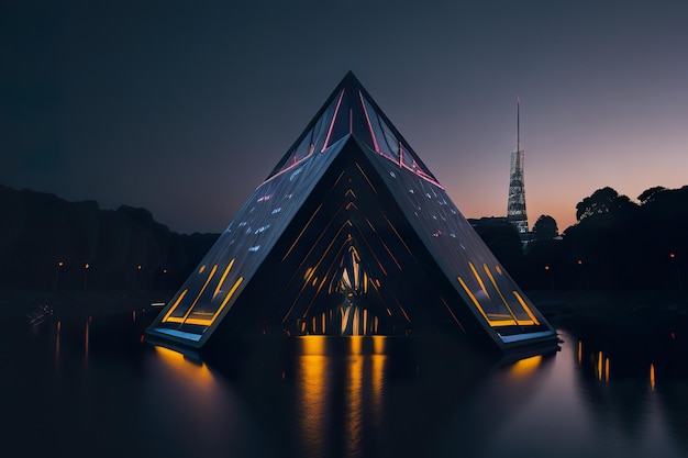 Nowoczesna piramida z światłami w nocy Generatywna sztuczna inteligencja