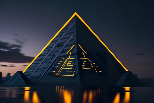 Nowoczesna piramida ze światłami w nocy Generative AI