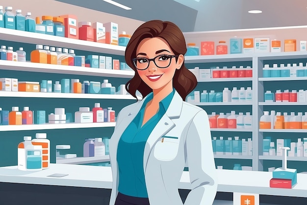 Nowoczesna płaska ilustracja wektorowa uśmiechniętej młodej atrakcyjnej farmaceutki przy liczniku w aptece naprzeciwko półek z lekami Koncepcyjne tło opieki zdrowotnej