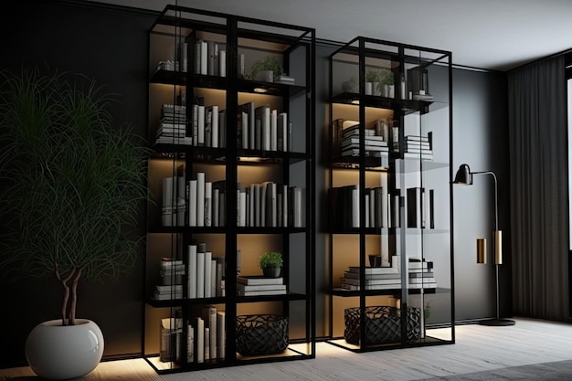 Nowoczesna półka na książki ze szklanymi drzwiami i eleganckimi czarnymi metalowymi wspornikami stworzona za pomocą generatywnej sztucznej inteligencji