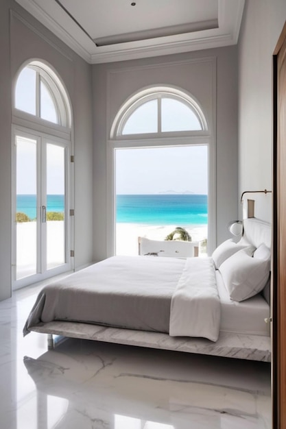 Nowoczesna, przestronna, luksusowa sypialnia z widokiem na plażę i dużymi oknami.